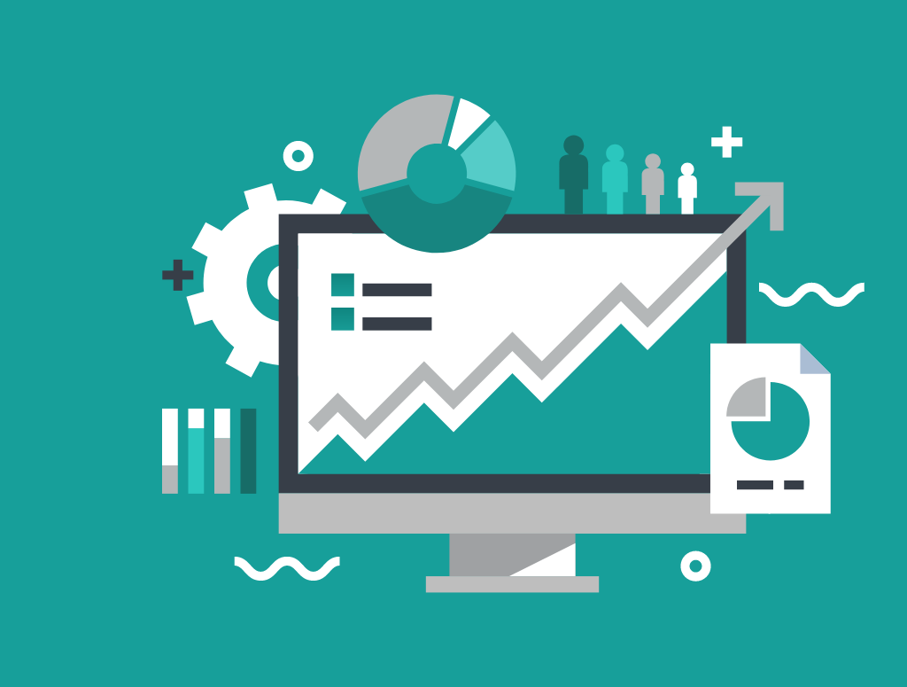 Graphic showing a computer screen with various graphs and icons depicting website success