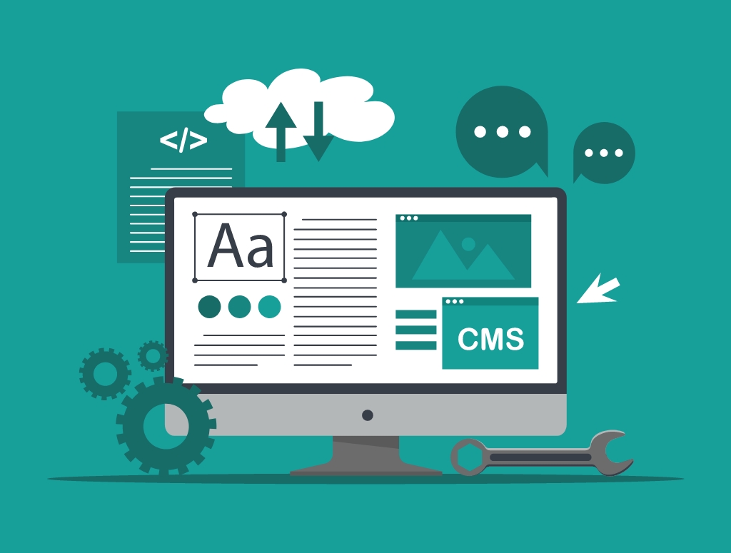 Graphic of a computer screen showing a website CMS surrounded by some icons related to coding and settings