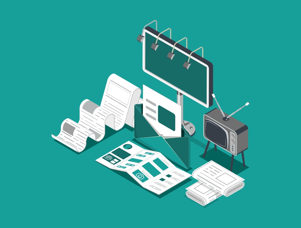 Graphic showing various methods of offline marketing such as leaflets, newspaper ads and TV adverts