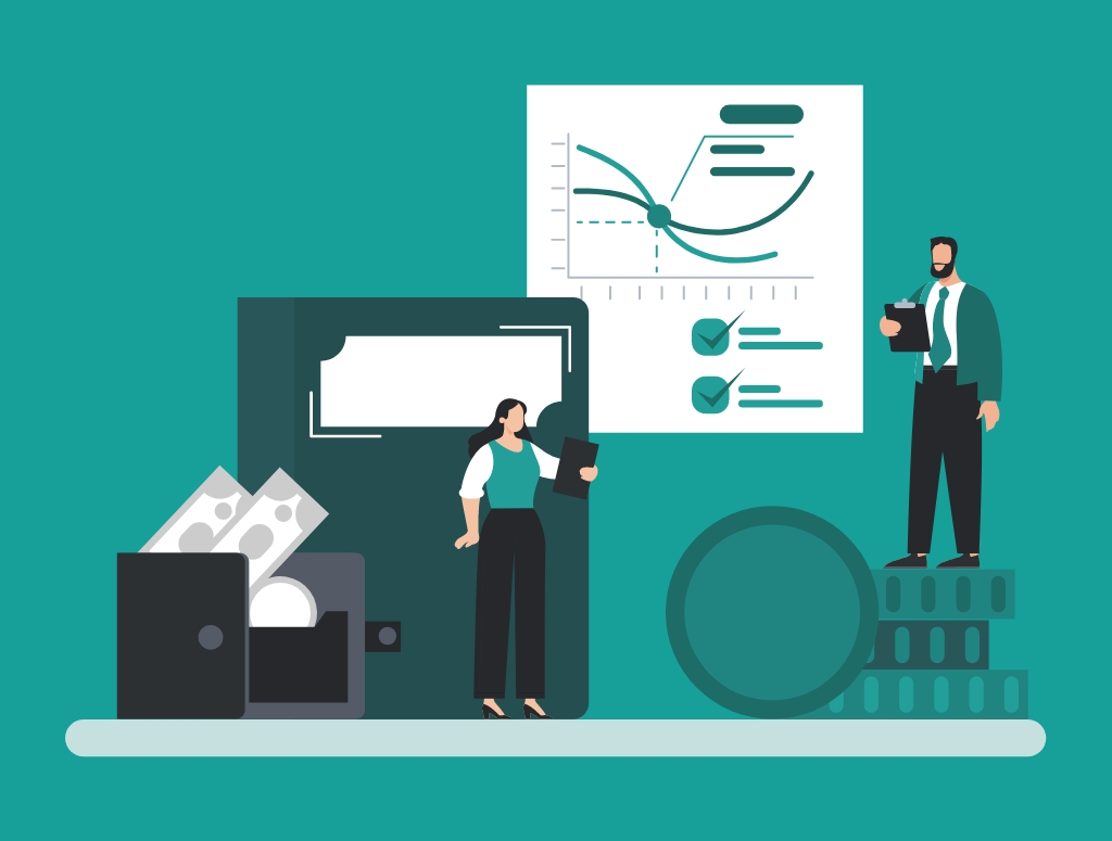 Graphic showing a woman with a clipboard next to a folder and a wallet and a man standing on some coins holding a clipboard next to some graphs