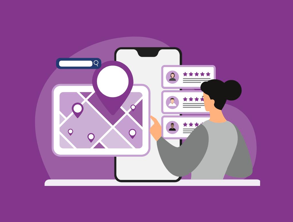 Graphic showing a woman looking at a map on a phone