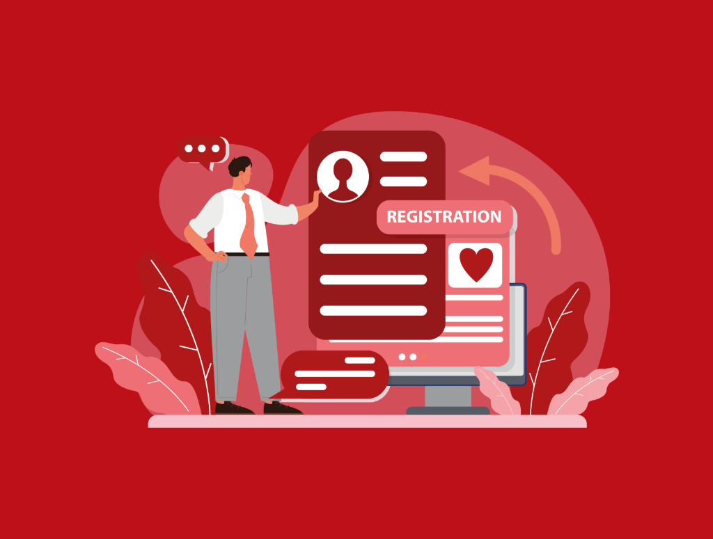 Graphic showing a man looking at registration options.