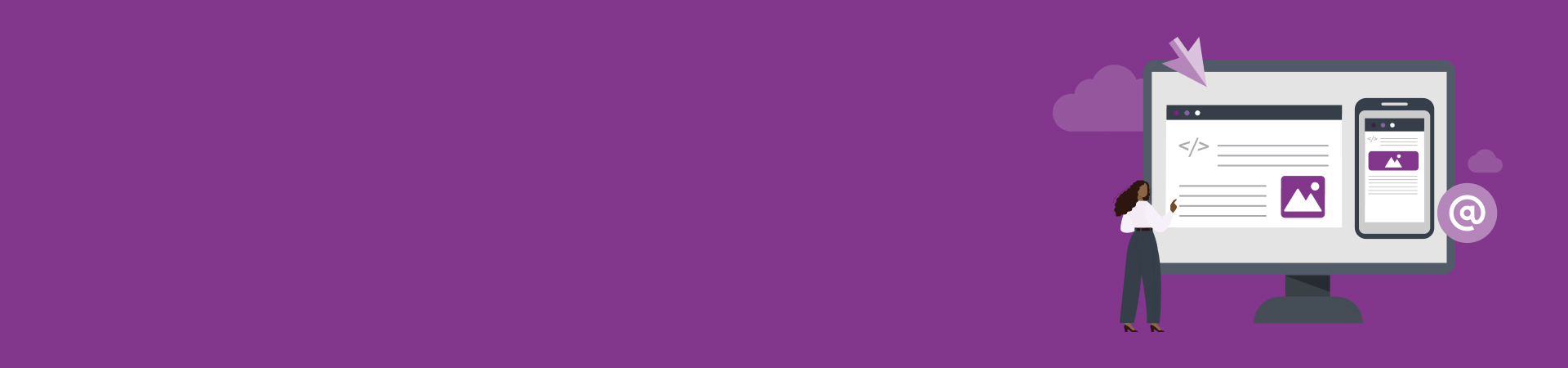 Graphic showing a woman analysing a web page on both desktop and mobile.