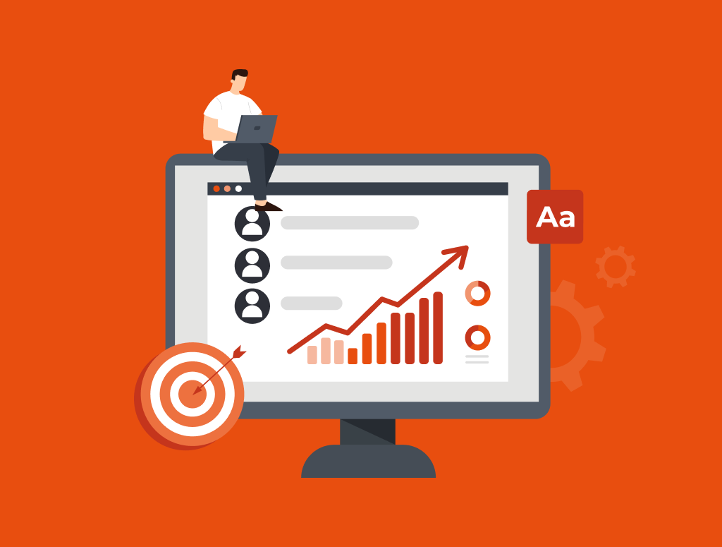 Graphic showing a man looking at a laptop, standing at a desk with charts displaying growth.