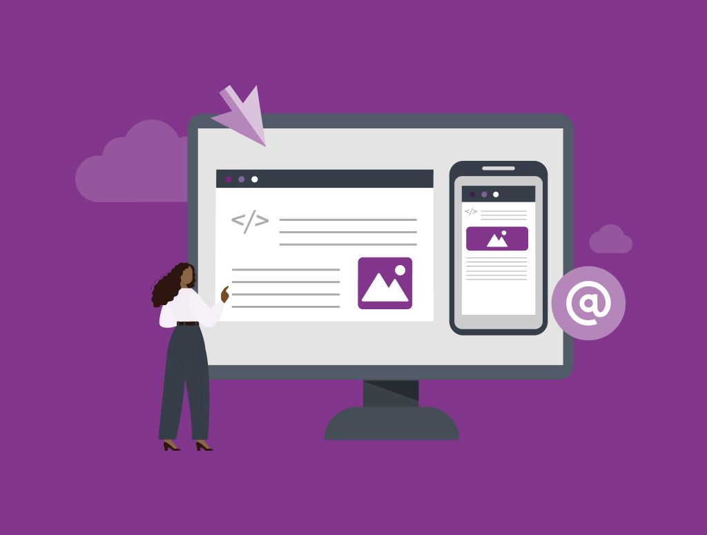 Graphic showing a woman analysing a web page on both desktop and mobile.