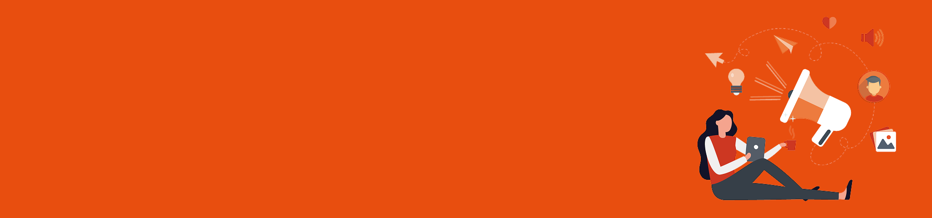 A girl looking at a tablet, with a megaphone announcing news