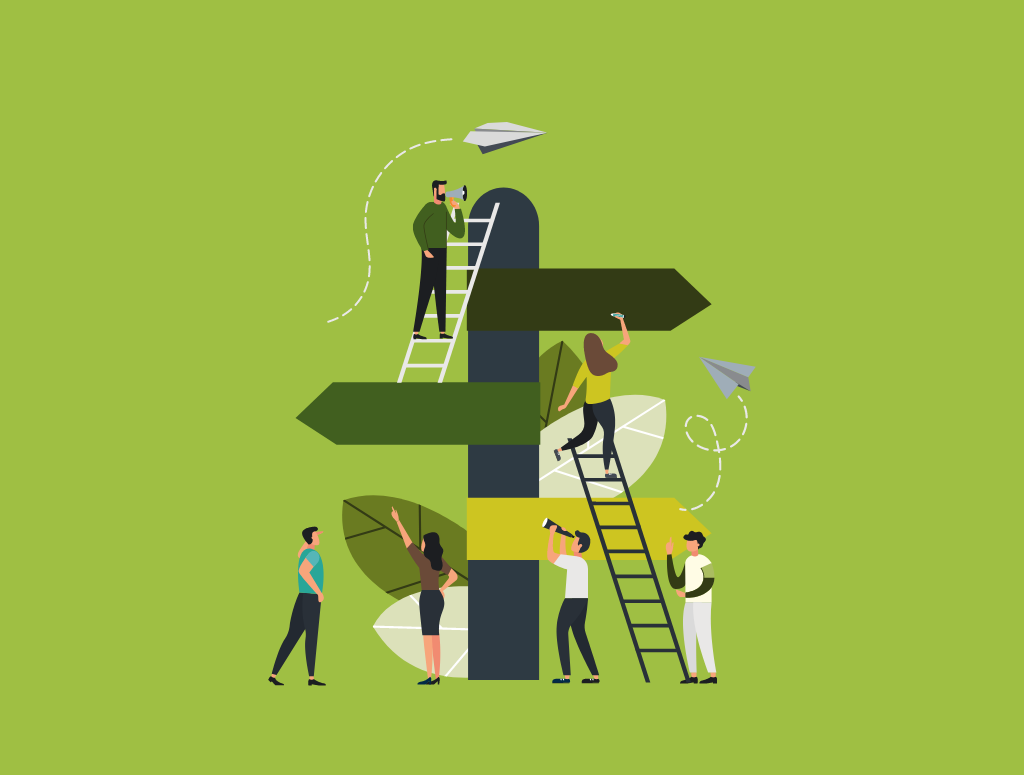 Graphic showing people around a signpost