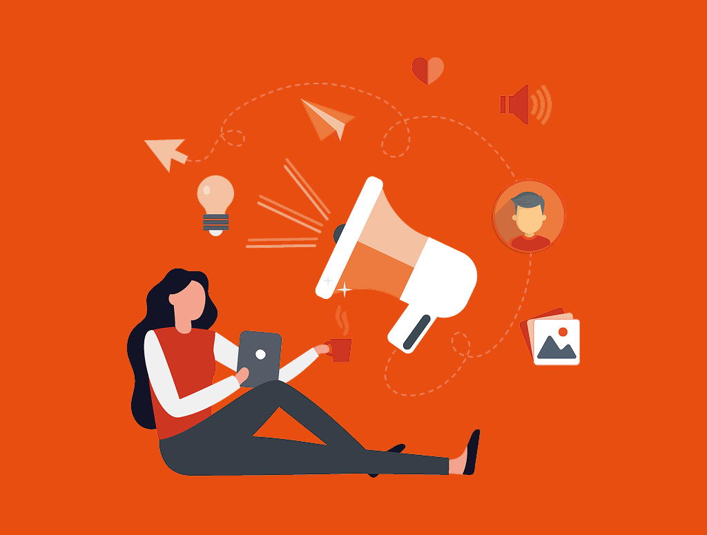 A girl looking at a tablet, with a megaphone announcing news