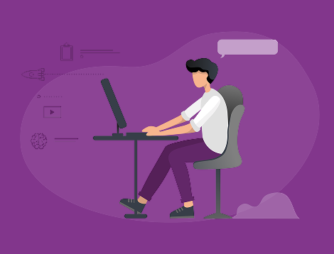 Graphic showing a person sitting at a desk and searching on a laptop