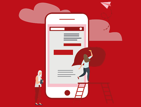 Graphic showing people arranging the design on a phone