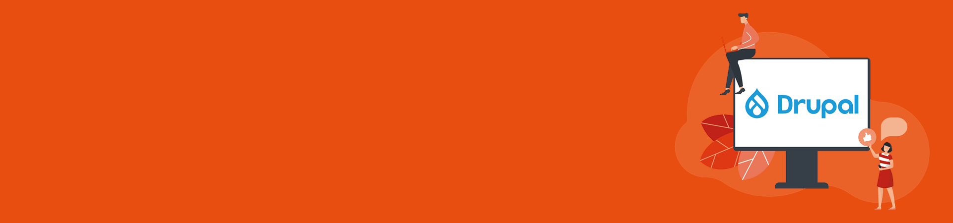 Graphic showing people next to the monitor that says “Drupal”