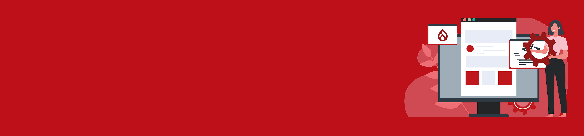 Graphic showing a woman standing beside a website built with Drupal